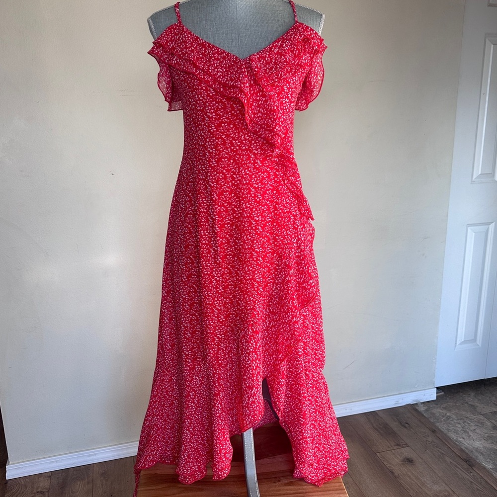 LUSH Romantic Floral Ruffle Wrap‎ Dress Hi-Low Women’s Size M Adjustable Straps